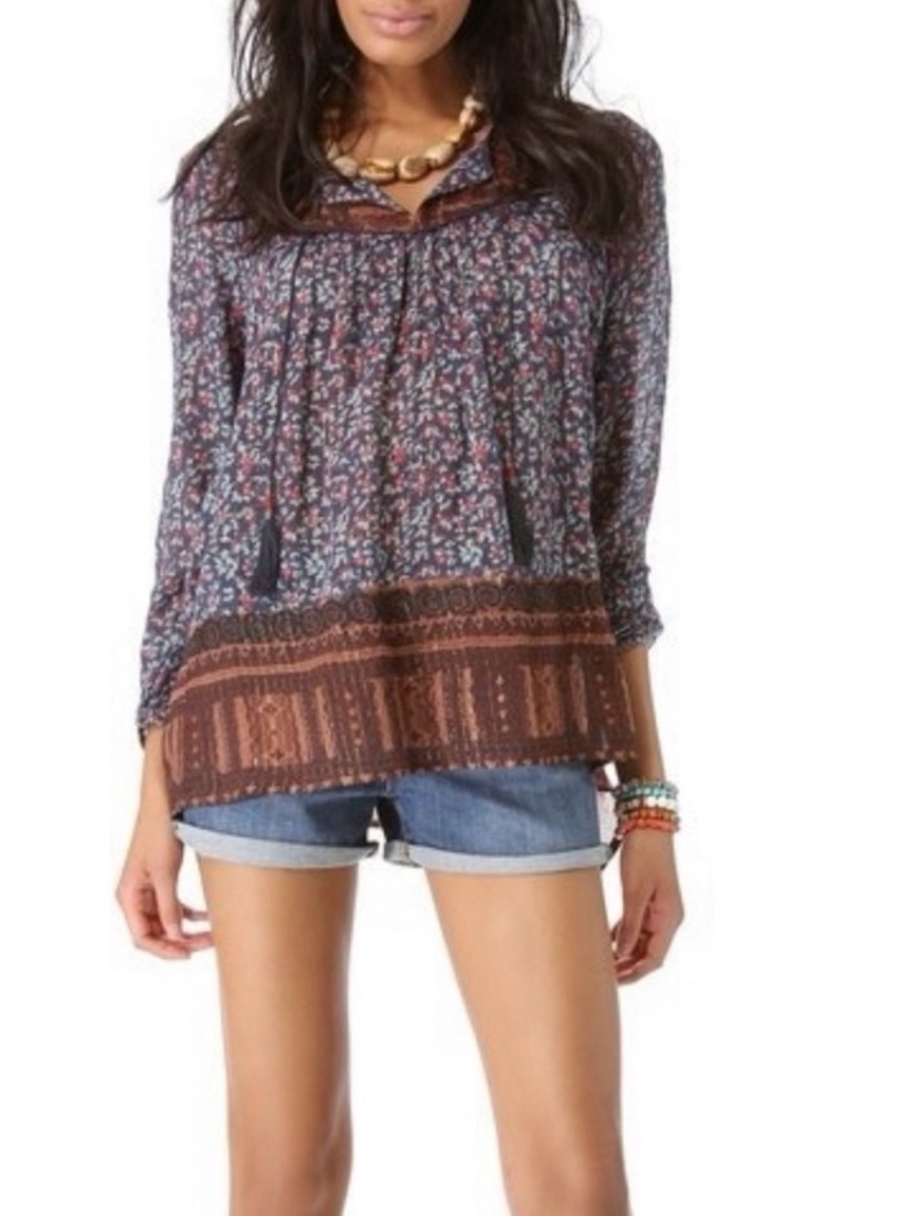 Free People Navy Floral Tunic with Brown Border